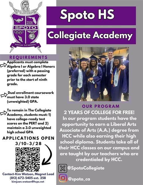 Spoto High School Collegiate Academy 2024-2025 application window flyer.
